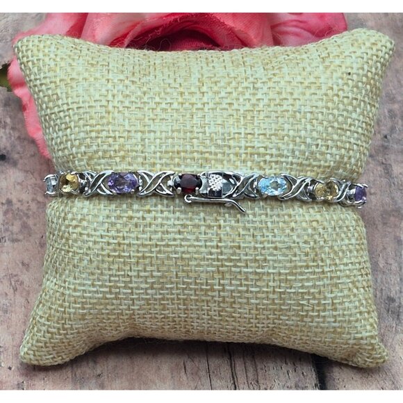 925 Sterling Silver Gemstone Tennis Bracelet Garnet, Amethyst, Citrine, Peridot - Picture 6 of 12